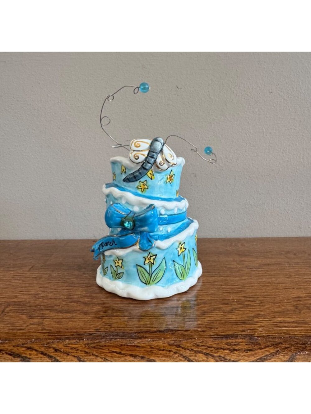 Decorative March Birthday Candle Holder Dragonfly & Daffodil Detailing Blue Sky